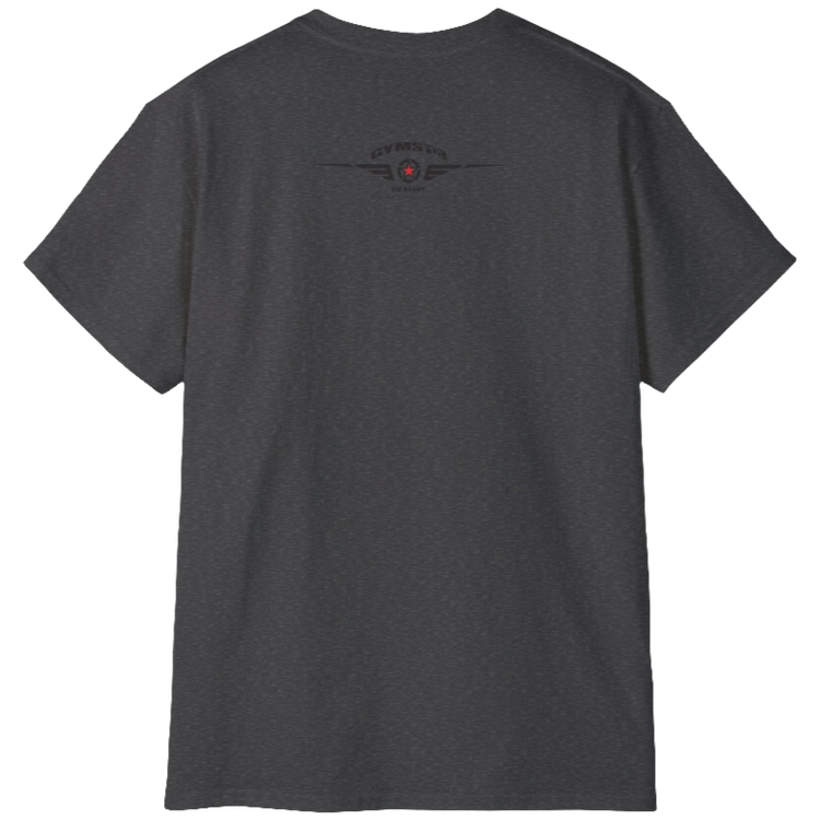 A  grey Gymstar t-shirt with a graphic print Blood, Sweat and Iron and a barbell in the center, designed for fitness and sports. Rear view.