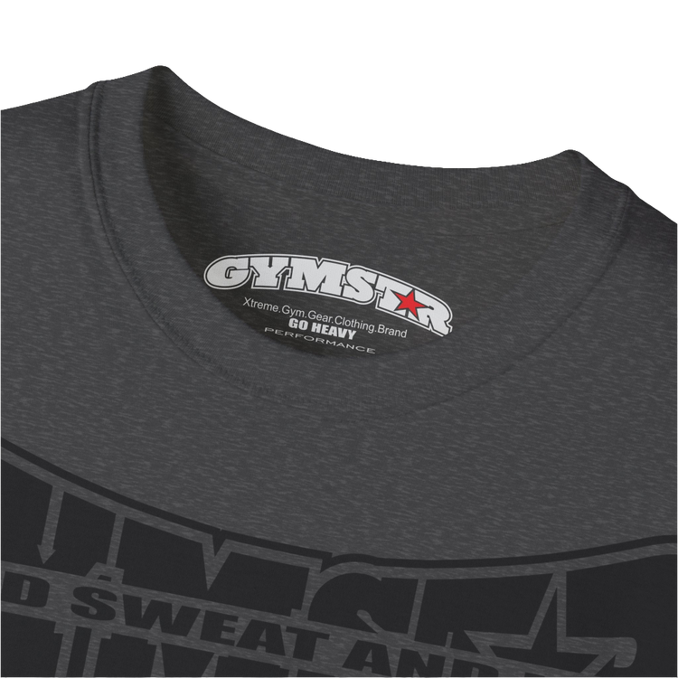 A  grey Gymstar t-shirt with a graphic print Blood, Sweat and Iron and a barbell in the center, designed for fitness and sports. Front logo close up view.