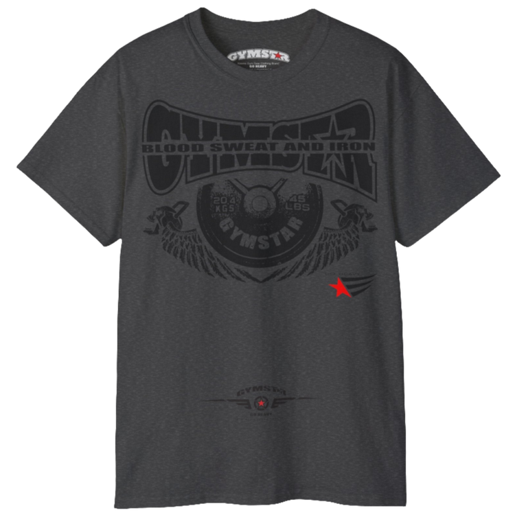 A  grey Gymstar t-shirt with a graphic print Blood, Sweat and Iron and a barbell in the center, designed for fitness and sports. Front view.