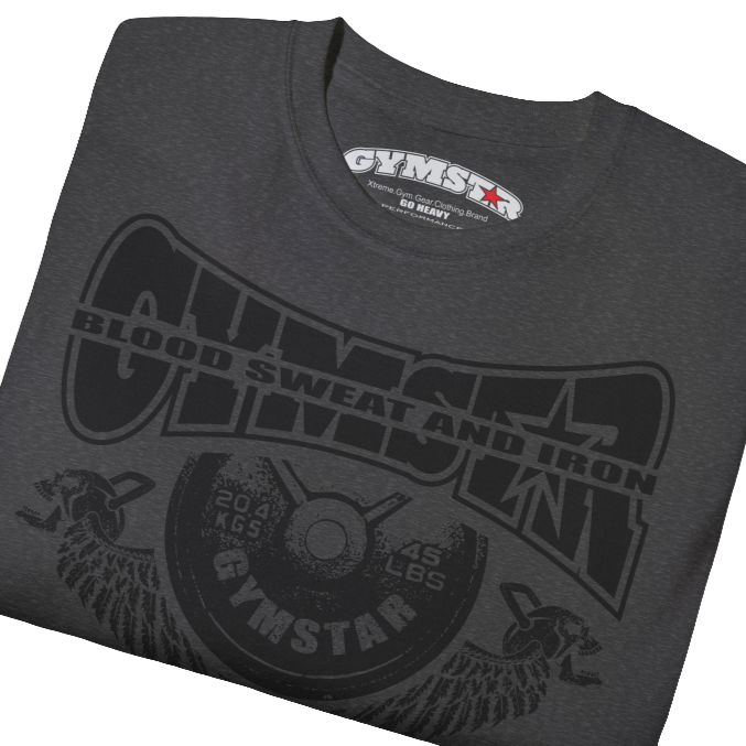 A  grey Gymstar t-shirt with a graphic print Blood, Sweat and Iron and a barbell in the center, designed for fitness and sports. Front  close up view.