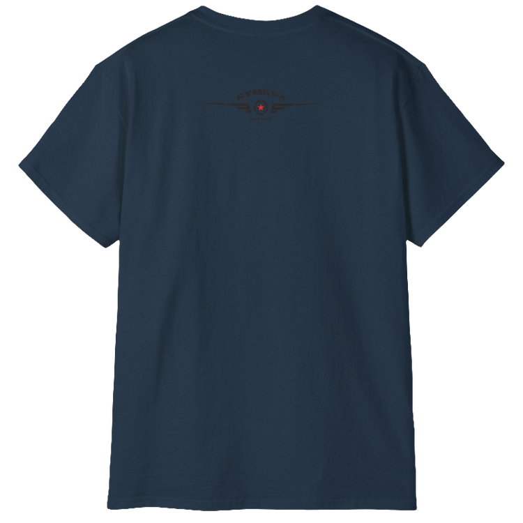 A deep navy Gymstar t-shirt with a graphic print Blood, Sweat and Iron and a barbell in the center, designed for fitness and sports. Rear view.