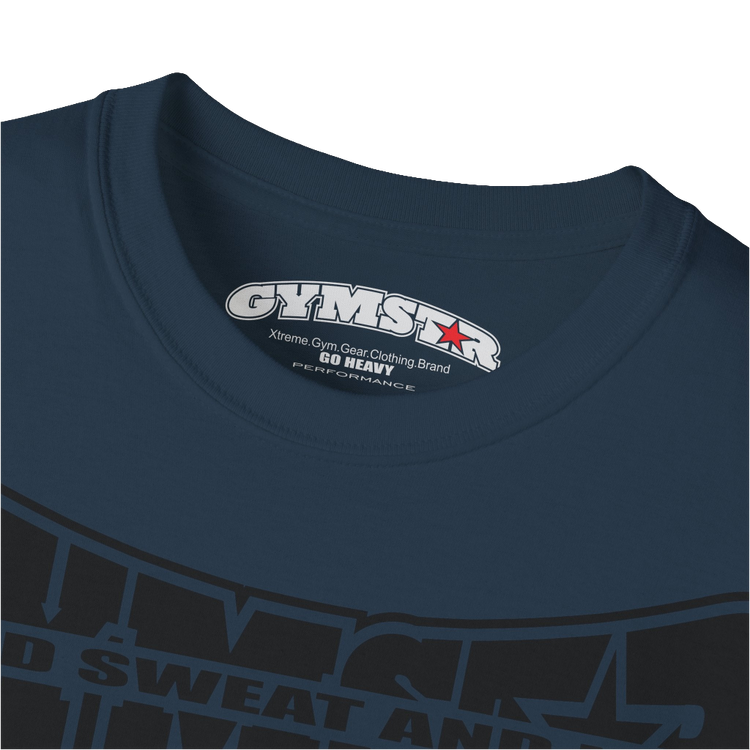 A deep navy Gymstar t-shirt with a graphic print Blood, Sweat and Iron and a barbell in the center, designed for fitness and sports. Front logo close up view.