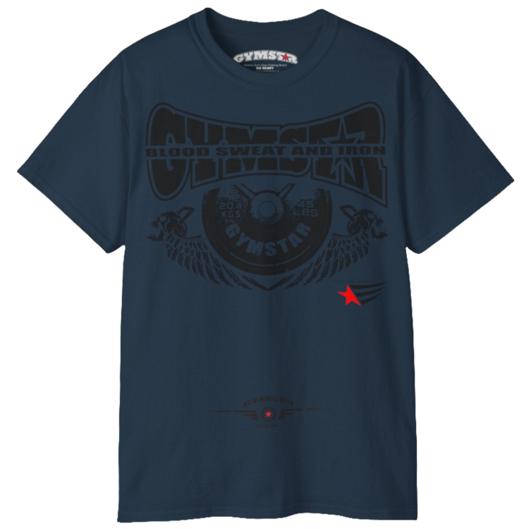 A  deep navy Gymstar t-shirt with a graphic print Blood, Sweat and Iron and a barbell in the center, designed for fitness and sports. Front view.
