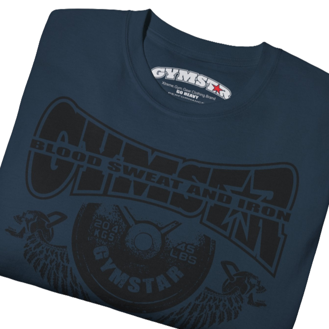 A deep navy Gymstar t-shirt with a graphic print Blood, Sweat and Iron and a barbell in the center, designed for fitness and sports. Front close up view.