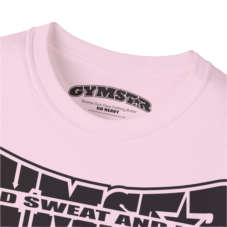 A  pink Gymstar t-shirt with a graphic print Blood, Sweat and Iron and a barbell in the center, designed for fitness and sports. Front logo close up view.