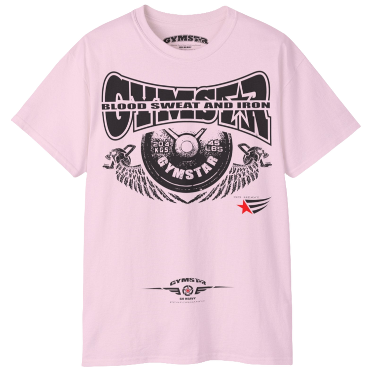 A pink Gymstar t-shirt with a graphic print Blood, Sweat and Iron and a barbell in the center, designed for fitness and sports. Front view.