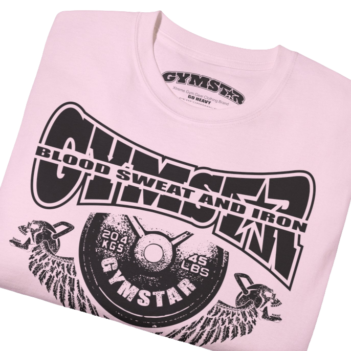A  pink Gymstar t-shirt with a graphic print Blood, Sweat and Iron and a barbell in the center, designed for fitness and sports. Front close up view.