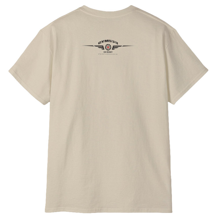 A  beige Gymstar t-shirt with a graphic print Blood, Sweat and Iron and a barbell in the center, designed for fitness and sports. Rear view.
