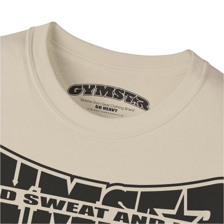 A  beige Gymstar t-shirt with a graphic print Blood, Sweat and Iron and a barbell in the center, designed for fitness and sports. Front logo close up view.