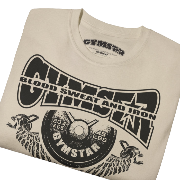 A  beige Gymstar t-shirt with a graphic print Blood, Sweat and Iron and a barbell in the center, designed for fitness and sports. Front close up view.