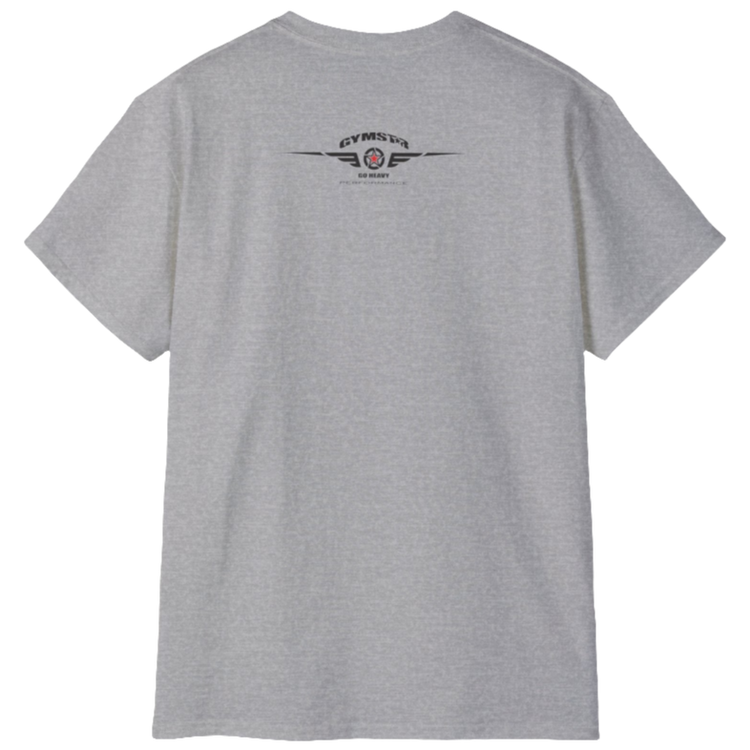 A  silver grey Gymstar t-shirt with a graphic print Blood, Sweat and Iron and a barbell in the center, designed for fitness and sports. Rear view.