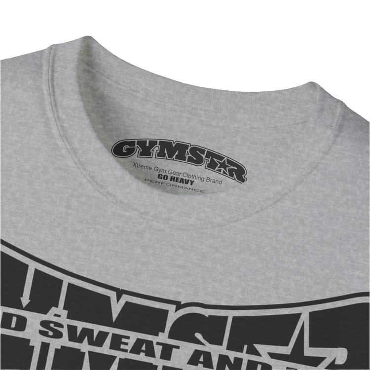 A  silver grey Gymstar t-shirt with a graphic print Blood, Sweat and Iron and a barbell in the center, designed for fitness and sports. Front logo close up view.