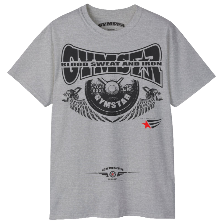 A  silver grey Gymstar t-shirt with a graphic print Blood, Sweat and Iron and a barbell in the center, designed for fitness and sports. Front  view.