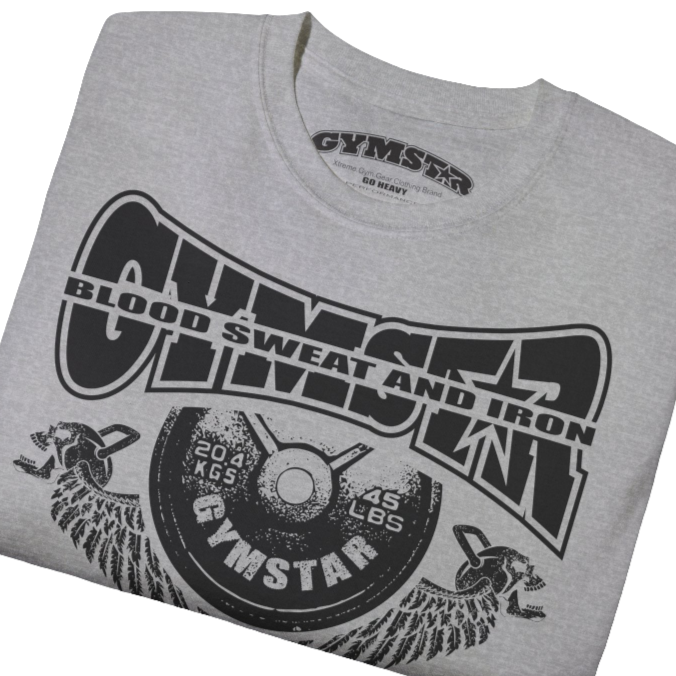 A  silver grey Gymstar t-shirt with a graphic print Blood, Sweat and Iron and a barbell in the center, designed for fitness and sports. Front close up view.