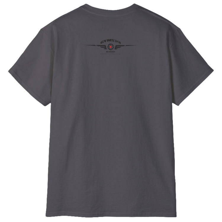 A  sport grey Gymstar t-shirt with a graphic print Blood, Sweat and Iron and a barbell in the center, designed for fitness and sports. Rear view.