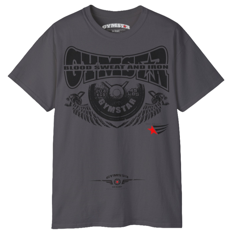 A  sport grey Gymstar t-shirt with a graphic print Blood, Sweat and Iron and a barbell in the center, designed for fitness and sports. Front view.