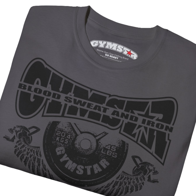 A  sport grey Gymstar t-shirt with a graphic print Blood, Sweat and Iron and a barbell in the center, designed for fitness and sports. Front close up view.