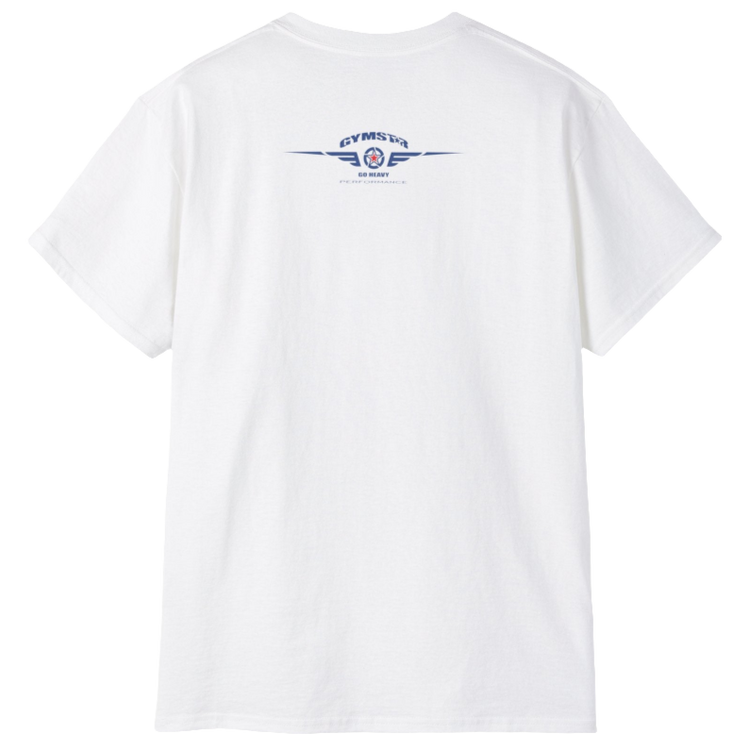 A White Gymstar t-shirt with a graphic print Blood, Sweat and Iron and a barbell in the center, designed for fitness and sports. Rear view.