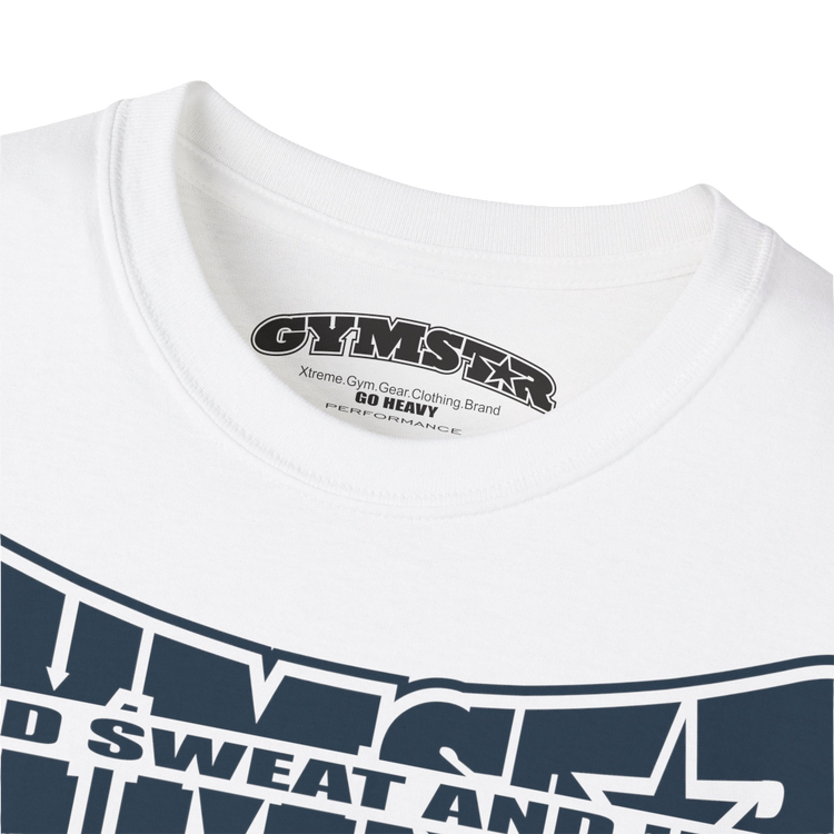 A White Gymstar t-shirt with a graphic print Blood, Sweat and Iron and a barbell in the center, designed for fitness and sports. Front logo close up view.
