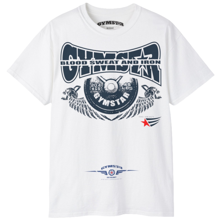A  white Gymstar t-shirt with a graphic print Blood, Sweat and Iron and a barbell in the center, designed for fitness and sports. Front  view.