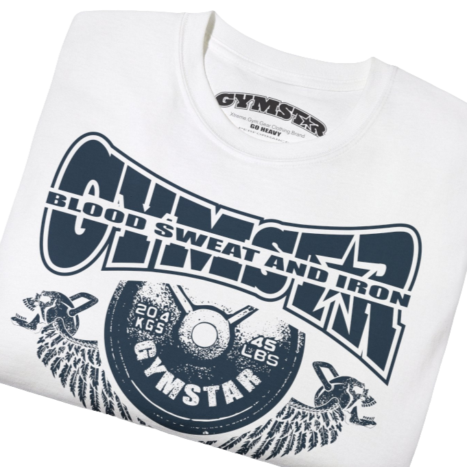 A White Gymstar t-shirt with a graphic print Blood, Sweat and Iron and a barbell in the center, designed for fitness and sports. Front close up view.