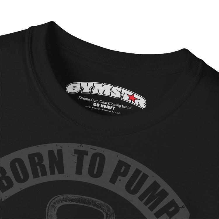A  black Gymstar t-shirt with a graphic print Born To Pump and a barbell in the center, designed for fitness and sports. Front logo close up view