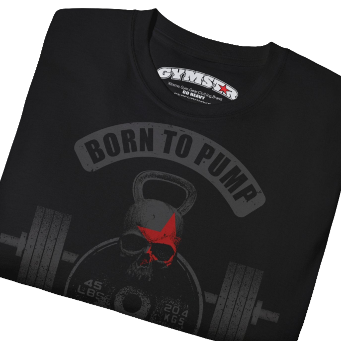 A  black Gymstar t-shirt with a graphic print Born To Pump and a barbell in the center, designed for fitness and sports. Front  close up view