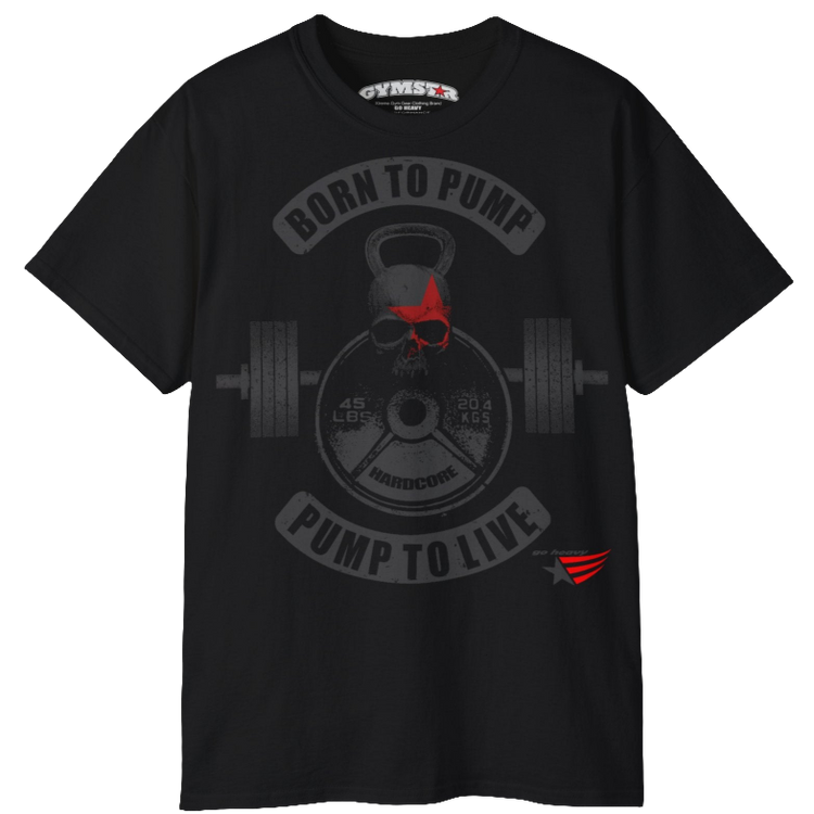 A black Gymstar t-shirt with a graphic print Born To Pump and a barbell in the center, designed for fitness and sports. Front view.