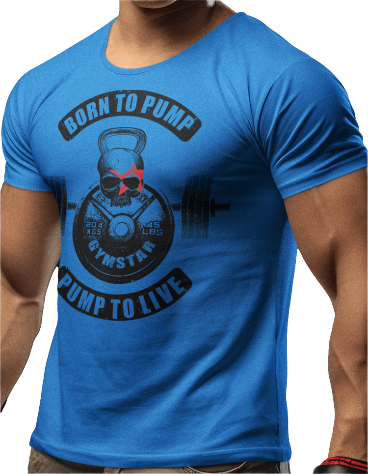 A person wearing a blue Gymstar t-shirt with a graphic design that includes a skull, barbell, and text phrases Born to pump related to bodybuilding.