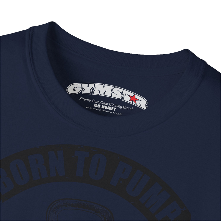 A  navy blue Gymstar t-shirt with a graphic print Born To Pump and a barbell in the center, designed for fitness and sports. Front logo close up view.