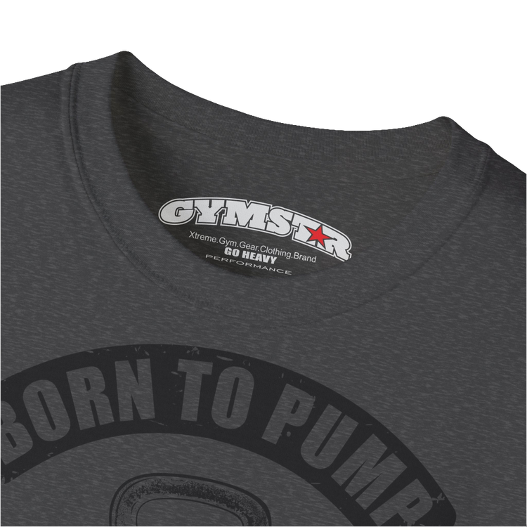 A  grey Gymstar t-shirt with a graphic print Born To Pump and a barbell in the center, designed for fitness and sports. Front logo close up view.