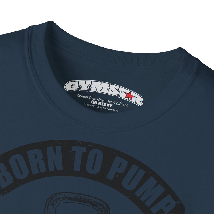 A  deep navy Gymstar t-shirt with a graphic print Born To Pump and a barbell in the center, designed for fitness and sports. Front logo close up view.