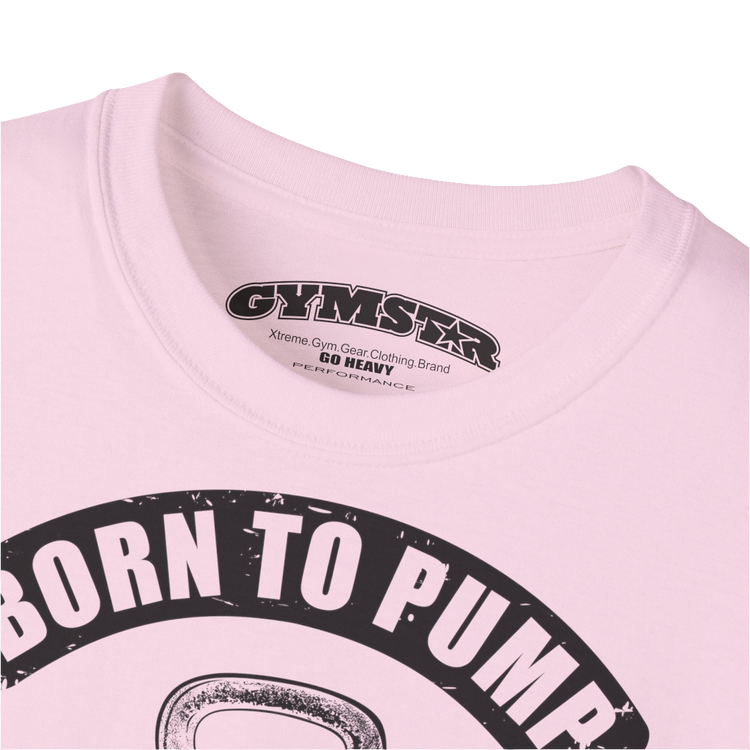 A  pink Gymstar t-shirt with a graphic print Born To Pump and a barbell in the center, designed for fitness and sports. Front logo close up view.