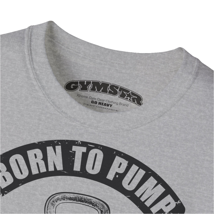 A  silver grey Gymstar t-shirt with a graphic print Born To Pump and a barbell in the center, designed for fitness and sports. Front logo close up view