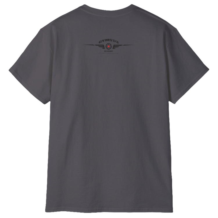 A  sport gre Gymstar t-shirt with a graphic print Born To Pump and a barbell in the center, designed for fitness and sports. Rear view.