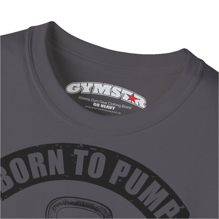 A  sport grey Gymstar t-shirt with a graphic print Born To Pump and a barbell in the center, designed for fitness and sports. Front logo close up view.