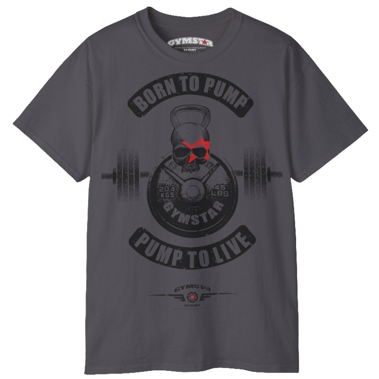 A  sport grey Gymstar t-shirt with a graphic print Born To Pump and a barbell in the center, designed for fitness and sports. Front view.