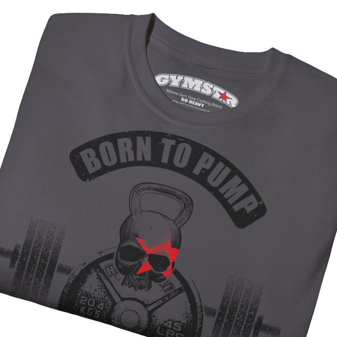 A  sport grey Gymstar t-shirt with a graphic print Born To Pump and a barbell in the center, designed for fitness and sports. Front  close up view.