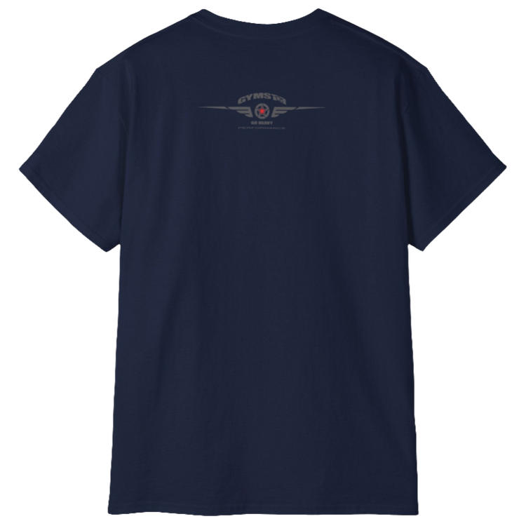 A  deep navy Gymstar t-shirt with a graphic print Brutalica and a barbell in the center, designed for fitness and sports. Rear view.