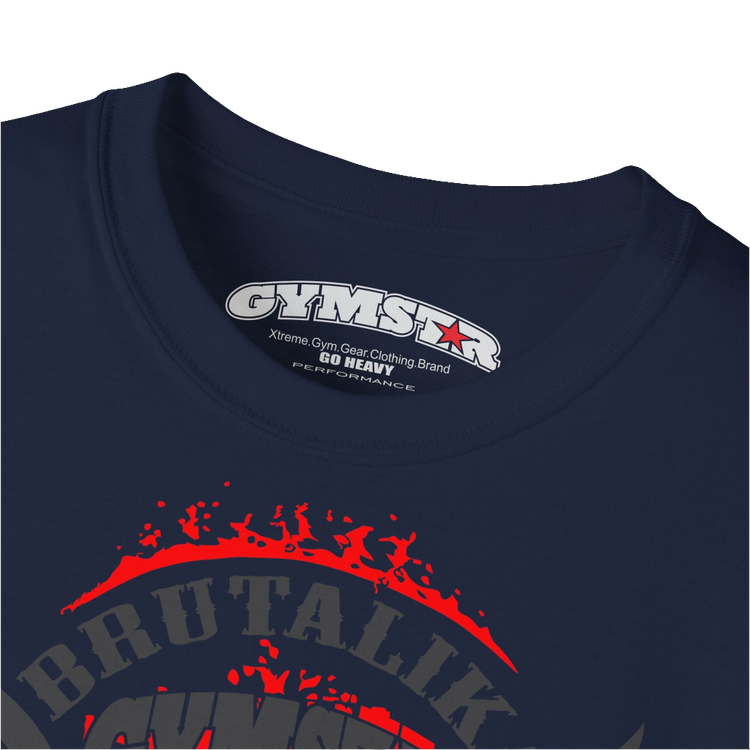 A  deep navy Gymstar t-shirt with a graphic print Brutalica and a barbell in the center, designed for fitness and sports. Front logo close up view.