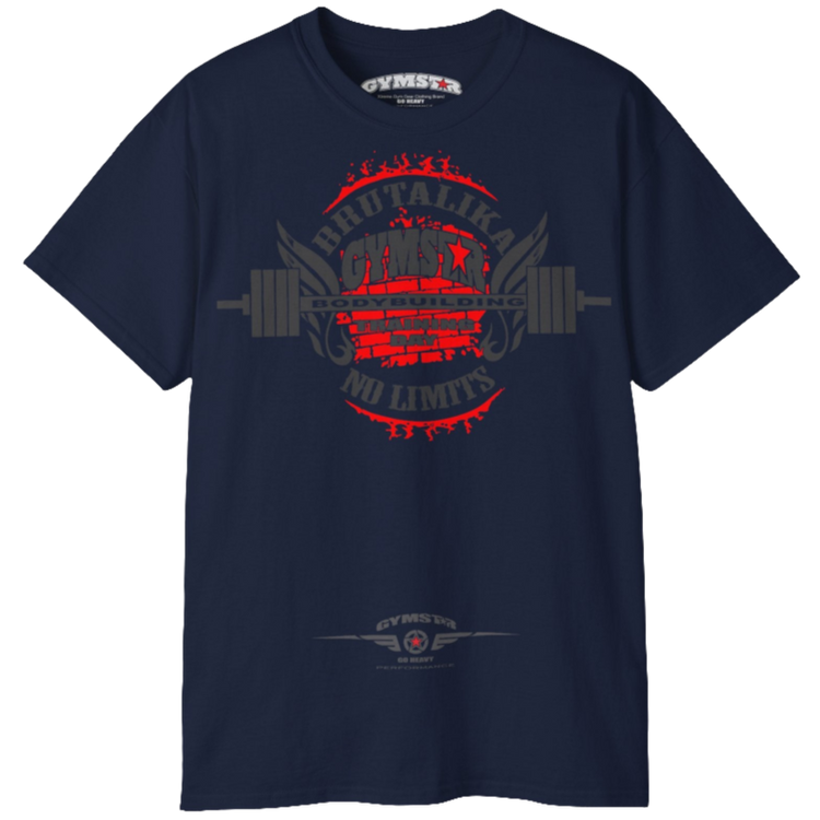 A grey Gymstar t-shirt with a graphic print Brutalika and a barbell in the center, designed for fitness and sports. Front view.