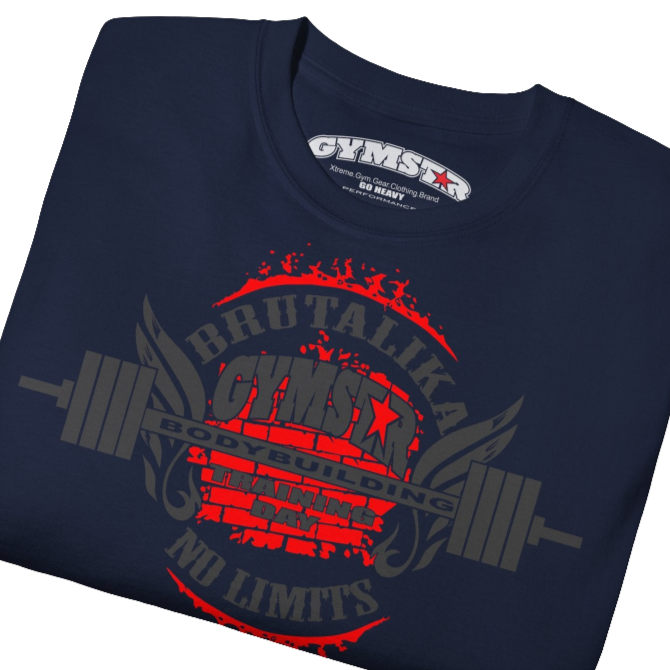 A  deep navy Gymstar t-shirt with a graphic print Brutalica and a barbell in the center, designed for fitness and sports. Front  close up view.