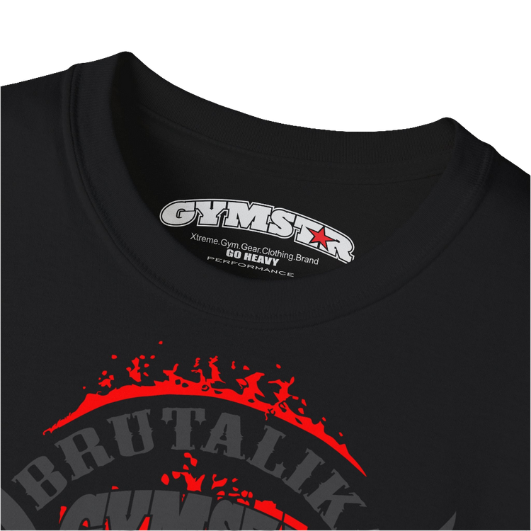 A  black Gymstar t-shirt with a graphic print Brutalica and a barbell in the center, designed for fitness and sports. Front logo close up view