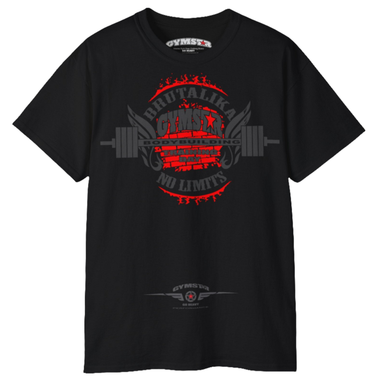 A black Gymstar t-shirt with a graphic print Brutalika and a barbell in the center, designed for fitness and sports. Front view.