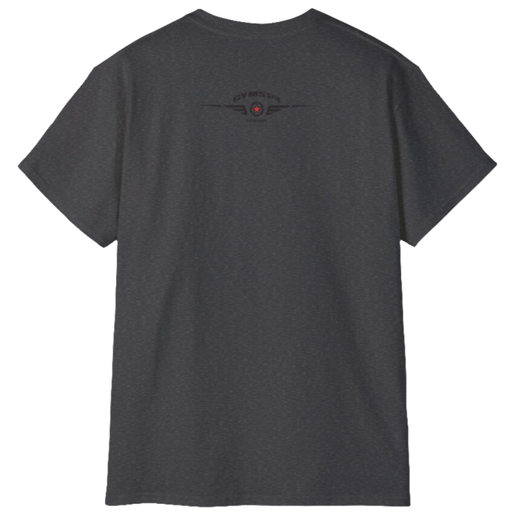 A  grey Gymstar t-shirt with a graphic print Brutalica and a barbell in the center, designed for fitness and sports. Rear view.