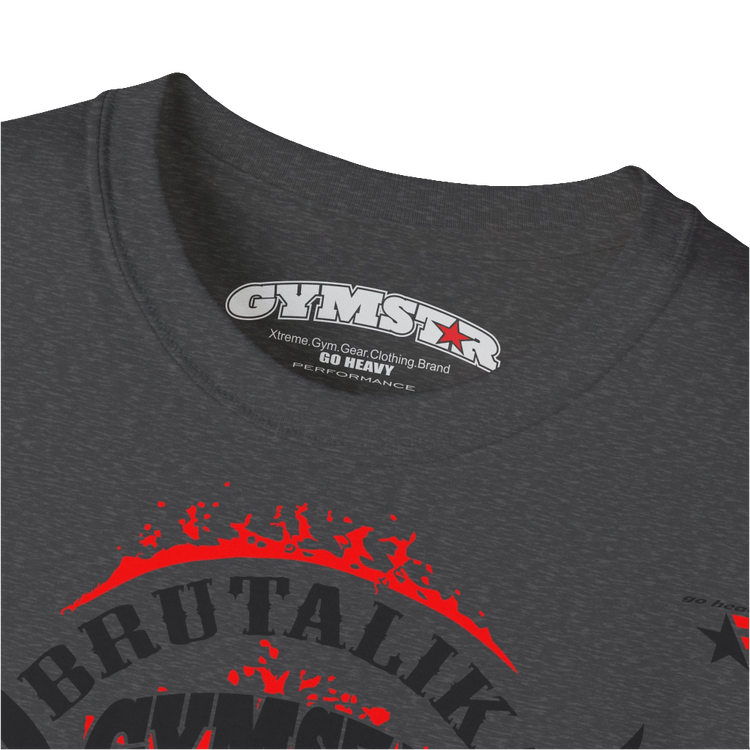 A  grey Gymstar t-shirt with a graphic print Brutalica and a barbell in the center, designed for fitness and sports. Front logo close up view.