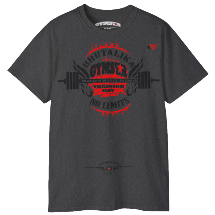 A grey Gymstar t-shirt with a graphic print Brutalika and a barbell in the center, designed for fitness and sports. Front view.