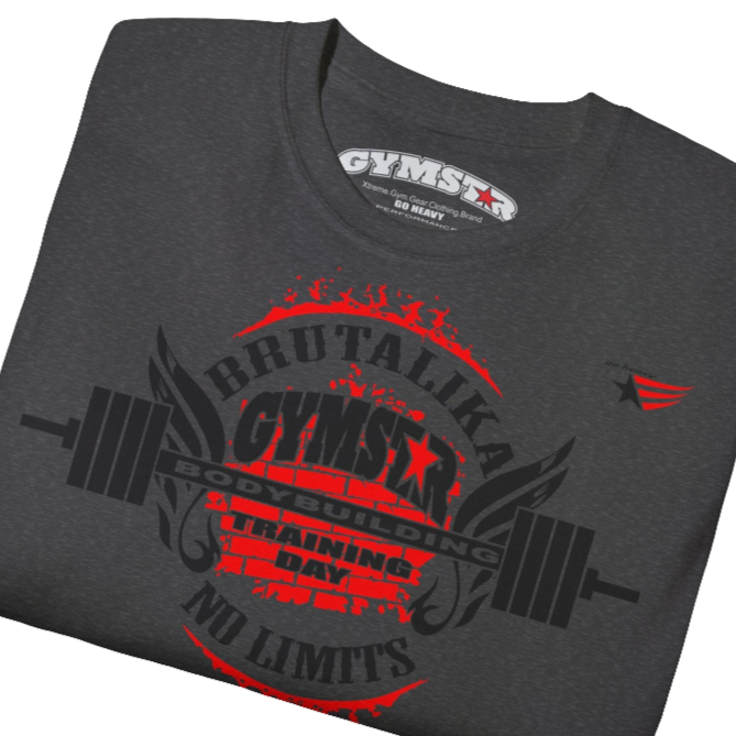 A  grey Gymstar t-shirt with a graphic print Brutalica and a barbell in the center, designed for fitness and sports. Fron close up view.