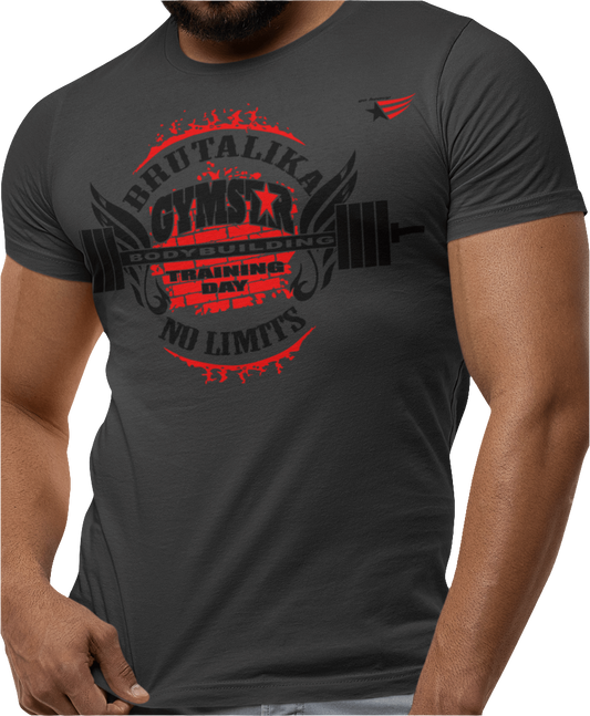 A man wearing  deep navy Gymstar t-shirt with a graphic print Brutalica and a barbell in the center, designed for fitness and sports. Front close up view