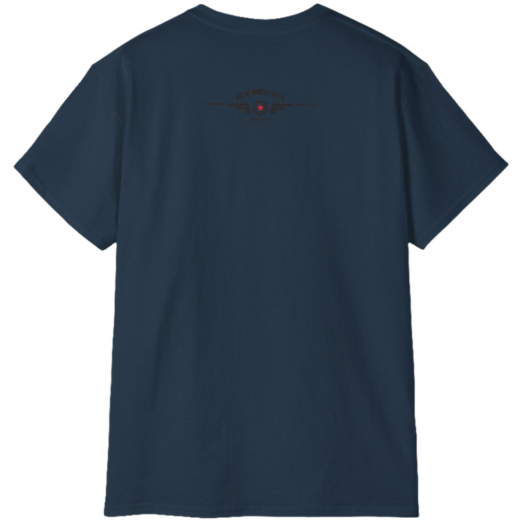 A  deep navy Gymstar t-shirt with a graphic print Brutalica and a barbell in the center, designed for fitness and sports. Rear view.